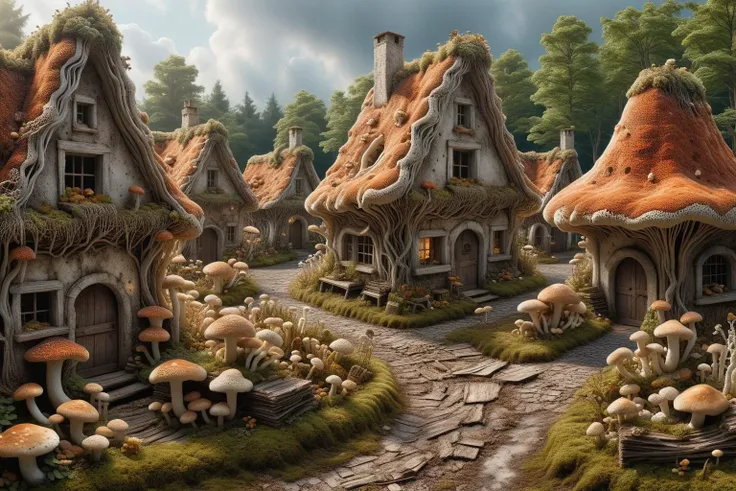 Widescreen panoramic photograph of ral-mycelium village, hyperrealistic dreamland , texture, weathered wood, cracked roof tiles, rusted , decay ,overgrown vines, dark forest ral-mycelium style, ray of sunlight ral-mycelium line the road, <lora:EnvyDreamlandsXL01-adamw:0.8> <lora:ral-mycelium:0.8> ral-mycelium <lora:XmasGnome:0.8> xmasgnome all over the village fixing building eating