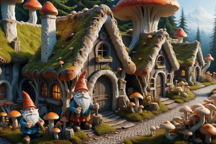 Widescreen panoramic photograph of Gnome ral-mycelium village, hyperrealistic dreamland gnome village, mycelium texture, weathered wood, cracked roof tiles, rusted , decay ,overgrown vines, dark forest ral-mycelium style, ray of sunlight ral-mycelium line the road, <lora:EnvyDreamlandsXL01-adamw:0.8> <lora:ral-mycelium:0.8> ral-mycelium <lora:XmasGnome:0.8> xmasgnome all over the village fixing building eating