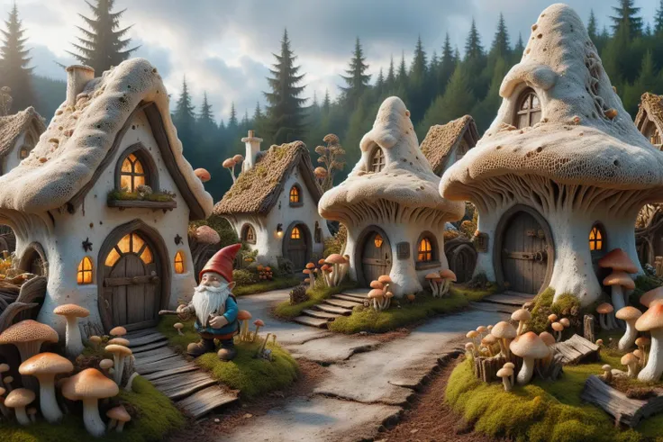 Widescreen panoramic photograph of Gnome ral-mycelium village, hyperrealistic dreamland gnome village, mycelium texture, weathered wood, cracked roof tiles, rusted , decay ,overgrown vines, dark forest ral-mycelium style, ray of sunlight ral-mycelium line the road, <lora:EnvyDreamlandsXL01-adamw:0.8> <lora:ral-mycelium:0.8> ral-mycelium <lora:XmasGnome:0.8> xmasgnome all over the village fixing building eating