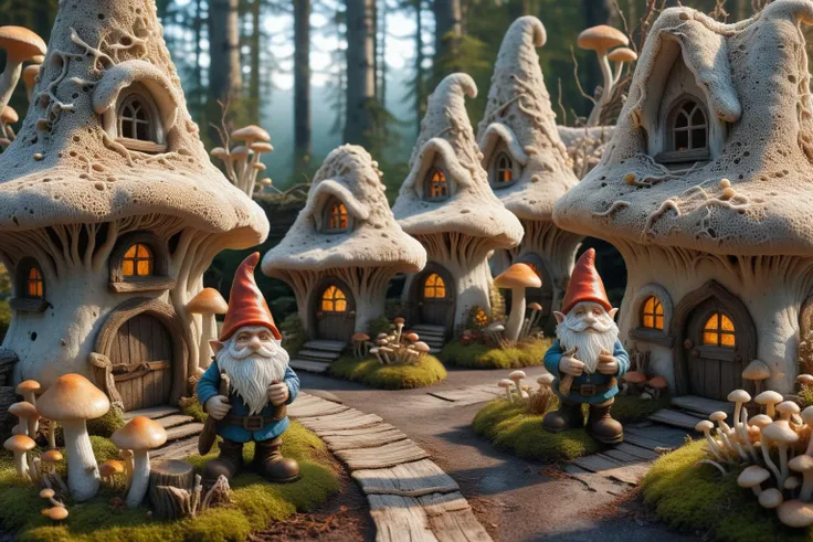 Widescreen panoramic photograph of Gnome ral-mycelium village, hyperrealistic dreamland gnome village, mycelium texture, weathered wood, cracked roof tiles, rusted , decay ,overgrown vines, dark forest ral-mycelium style, ray of sunlight ral-mycelium line the road, <lora:EnvyDreamlandsXL01-adamw:0.8> <lora:ral-mycelium:0.8> ral-mycelium <lora:XmasGnome:0.8> xmasgnome all over the village fixing building eating