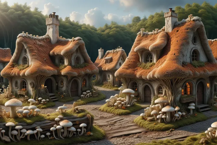 Widescreen panoramic photograph of ral-mycelium village, hyperrealistic dreamland , texture, weathered wood, cracked roof tiles, rusted , decay ,overgrown vines, dark forest ral-mycelium style, ray of sunlight ral-mycelium line the road, <lora:EnvyDreamlandsXL01-adamw:0.8> <lora:ral-mycelium:0.8> ral-mycelium <lora:XmasGnome:0.8> xmasgnome all over the village fixing building eating
