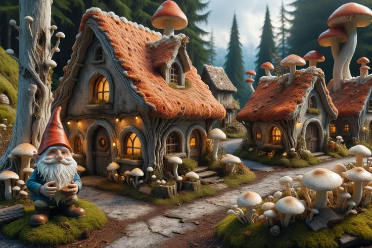 Widescreen panoramic photograph of Gnome ral-mycelium village, hyperrealistic dreamland gnome village, mycelium texture, weathered wood, cracked roof tiles, rusted , decay ,overgrown vines, dark forest ral-mycelium style, ray of sunlight ral-mycelium line the road, <lora:EnvyDreamlandsXL01-adamw:0.8> <lora:ral-mycelium:0.8> ral-mycelium <lora:XmasGnome:0.8> xmasgnome all over the village fixing building eating