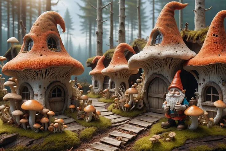 Widescreen panoramic photograph of Gnome ral-mycelium village, hyperrealistic dreamland gnome village, mycelium texture, weathered wood, cracked roof tiles, rusted , decay ,overgrown vines, dark forest ral-mycelium style, ray of sunlight ral-mycelium line the road, <lora:EnvyDreamlandsXL01-adamw:0.8> <lora:ral-mycelium:0.8> ral-mycelium <lora:XmasGnome:0.8> xmasgnome all over the village fixing building eating