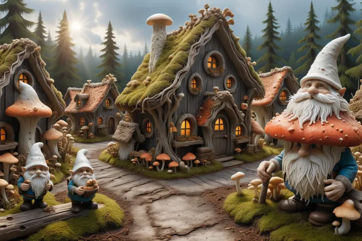 Widescreen panoramic photograph of Gnome ral-mycelium village, hyperrealistic dreamland gnome village, mycelium texture, weathered wood, cracked roof tiles, rusted , decay ,overgrown vines, dark forest ral-mycelium style, ray of sunlight ral-mycelium line the road, <lora:EnvyDreamlandsXL01-adamw:0.8> <lora:ral-mycelium:0.8> ral-mycelium <lora:XmasGnome:0.8> xmasgnome all over the village fixing building eating