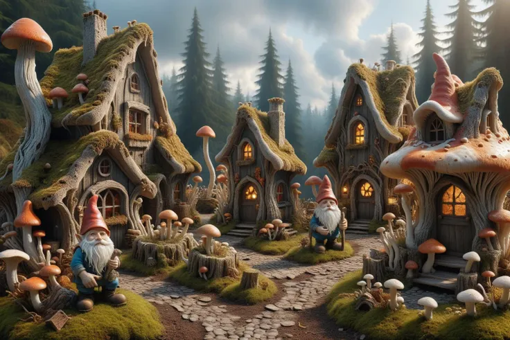 Widescreen panoramic photograph of Gnome ral-mycelium village, hyperrealistic dreamland gnome village, mycelium texture, weathered wood, cracked roof tiles, rusted , decay ,overgrown vines, dark forest ral-mycelium style, ray of sunlight ral-mycelium line the road, <lora:EnvyDreamlandsXL01-adamw:0.8> <lora:ral-mycelium:0.8> ral-mycelium <lora:XmasGnome:0.8> xmasgnome all over the village fixing building eating