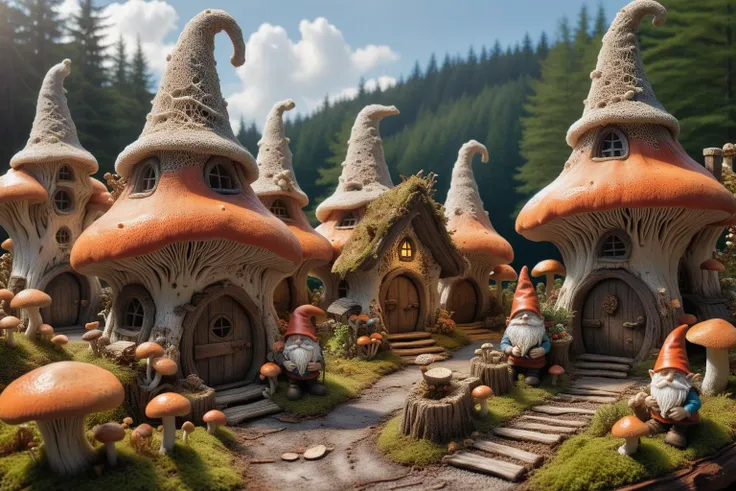 Widescreen panoramic photograph of Gnome ral-mycelium village, hyperrealistic dreamland gnome village, mycelium texture, weathered wood, cracked roof tiles, rusted , decay ,overgrown vines, dark forest ral-mycelium style, ray of sunlight ral-mycelium line the road, <lora:EnvyDreamlandsXL01-adamw:0.8> <lora:ral-mycelium:0.8> ral-mycelium <lora:XmasGnome:0.8> xmasgnome all over the village fixing building eating