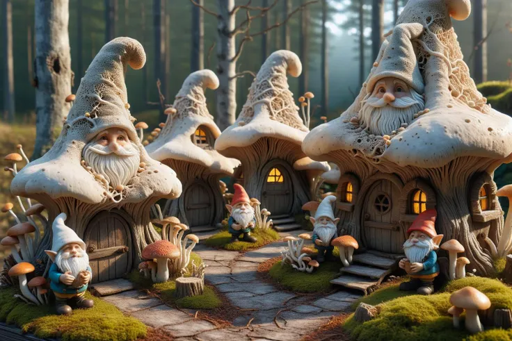 Widescreen panoramic photograph of Gnome ral-mycelium village, hyperrealistic dreamland gnome village, mycelium texture, weathered wood, cracked roof tiles, rusted , decay ,overgrown vines, dark forest ral-mycelium style, ray of sunlight ral-mycelium line the road, <lora:EnvyDreamlandsXL01-adamw:0.8> <lora:ral-mycelium:0.8> ral-mycelium <lora:XmasGnome:0.8> xmasgnome all over the village fixing building eating