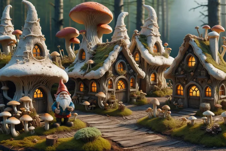 Widescreen panoramic photograph of Gnome ral-mycelium village, hyperrealistic dreamland gnome village, mycelium texture, weathered wood, cracked roof tiles, rusted , decay ,overgrown vines, dark forest ral-mycelium style, ray of sunlight ral-mycelium line the road, <lora:EnvyDreamlandsXL01-adamw:0.8> <lora:ral-mycelium:0.8> ral-mycelium <lora:XmasGnome:0.8> xmasgnome all over the village fixing building eating