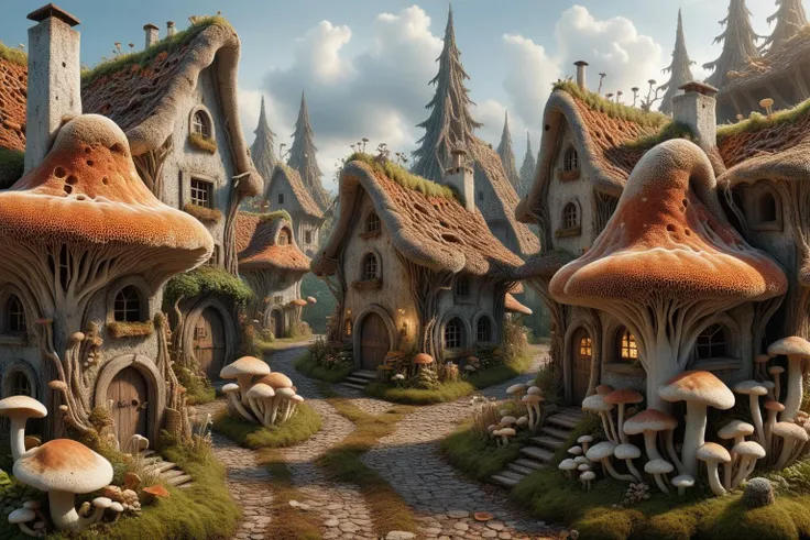 Widescreen panoramic photograph of ral-mycelium village, hyperrealistic dreamland , texture, weathered wood, cracked roof tiles, rusted , decay ,overgrown vines, dark forest ral-mycelium style, ray of sunlight ral-mycelium line the road, <lora:EnvyDreamlandsXL01-adamw:0.8> <lora:ral-mycelium:0.8> ral-mycelium <lora:XmasGnome:0.8> xmasgnome all over the village fixing building eating