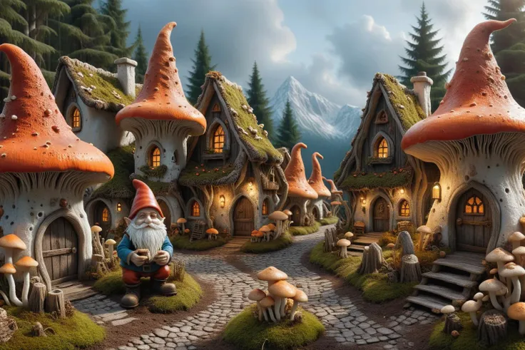 Widescreen panoramic photograph of Gnome ral-mycelium village, hyperrealistic dreamland gnome village, mycelium texture, weathered wood, cracked roof tiles, rusted , decay ,overgrown vines, dark forest ral-mycelium style, ray of sunlight ral-mycelium line the road, <lora:EnvyDreamlandsXL01-adamw:0.8> <lora:ral-mycelium:0.8> ral-mycelium <lora:XmasGnome:0.8> xmasgnome all over the village fixing building eating