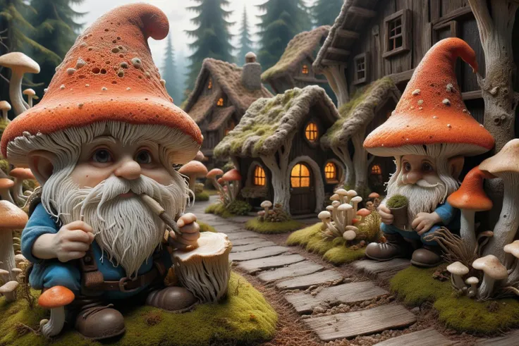 Widescreen panoramic photograph of Gnome ral-mycelium village, hyperrealistic dreamland gnome village, mycelium texture, weathered wood, cracked roof tiles, rusted , decay ,overgrown vines, dark forest ral-mycelium style, ray of sunlight ral-mycelium line the road, <lora:EnvyDreamlandsXL01-adamw:0.8> <lora:ral-mycelium:0.8> ral-mycelium <lora:XmasGnome:0.8> xmasgnome all over the village fixing building eating