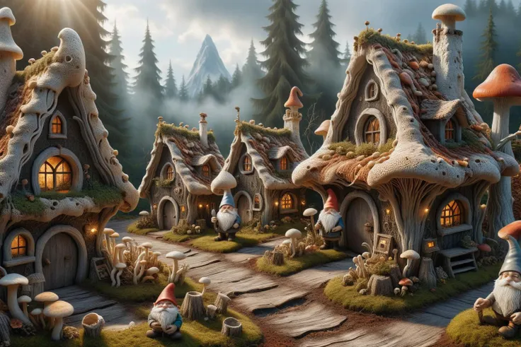 Widescreen panoramic photograph of Gnome ral-mycelium village, hyperrealistic dreamland gnome village, mycelium texture, weathered wood, cracked roof tiles, rusted , decay ,overgrown vines, dark forest ral-mycelium style, ray of sunlight ral-mycelium line the road, <lora:EnvyDreamlandsXL01-adamw:0.8> <lora:ral-mycelium:0.8> ral-mycelium <lora:XmasGnome:0.8> xmasgnome all over the village fixing building eating
