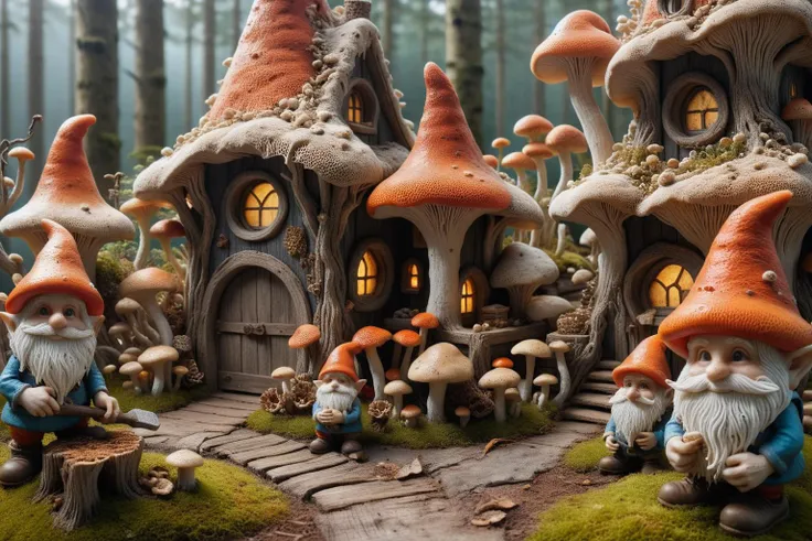 Widescreen panoramic photograph of Gnome ral-mycelium village, hyperrealistic dreamland gnome village, mycelium texture, weathered wood, cracked roof tiles, rusted , decay ,overgrown vines, dark forest ral-mycelium style, ray of sunlight ral-mycelium line the road, <lora:EnvyDreamlandsXL01-adamw:0.8> <lora:ral-mycelium:0.8> ral-mycelium <lora:XmasGnome:0.8> xmasgnome all over the village fixing building eating