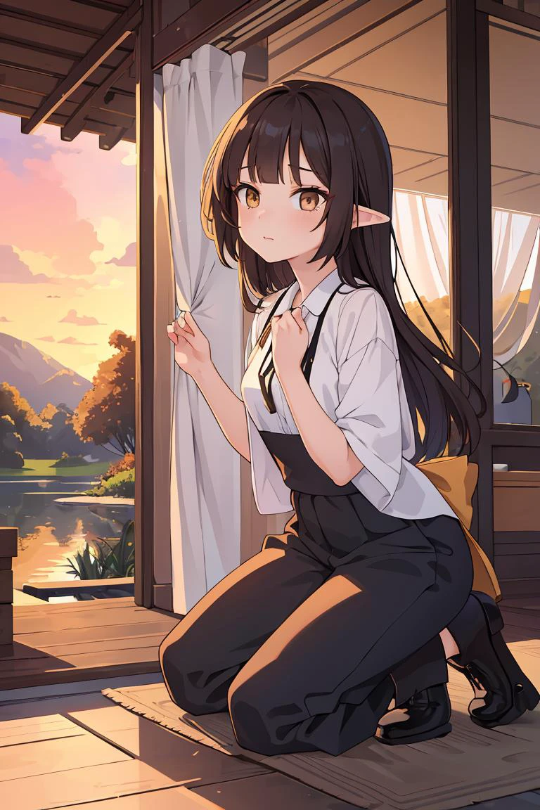 (masterpiece, best quality),female twenty-something, statuesque, southeast asian, honey eyes, round ears, nostril narrow nose, double chin, broad forehead, rectangular face shape, , brunette blunt bangs hair, surprise wearing culottes, lace g-string, chelsea boots, , kneeling pose, kneeling with an alluring gaze, evoking a sense of vulnerability and passion, sunset lighting, the warm, golden glow of a sunset, adding a romantic and enchanting feel to the scene, a peaceful lakeside retreat, with serene waters and people enjoying recreational activities
