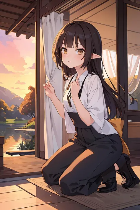 (masterpiece, best quality),female twenty-something, statuesque, southeast asian, honey eyes, round ears, nostril narrow nose, double chin, broad forehead, rectangular face shape, , brunette blunt bangs hair, surprise wearing culottes, lace g-string, chelsea boots, , kneeling pose, kneeling with an alluring gaze, evoking a sense of vulnerability and passion, sunset lighting, the warm, golden glow of a sunset, adding a romantic and enchanting feel to the scene, a peaceful lakeside retreat, with serene waters and people enjoying recreational activities
