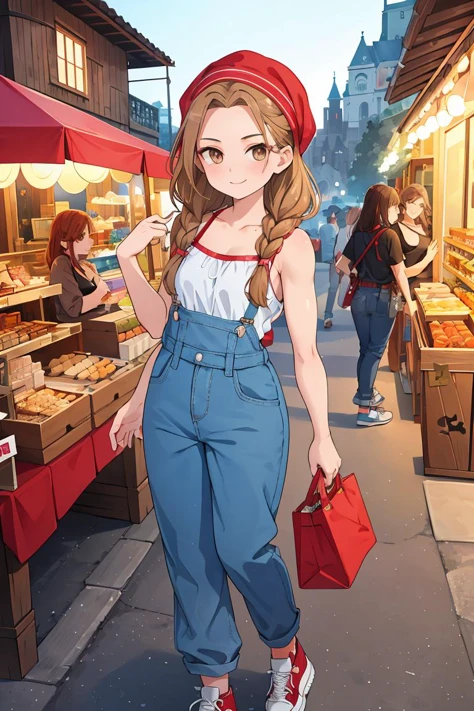 (masterpiece, best quality),female fifty-something, sculpted, scandinavian, light brown eyes, unusual jaw, prominent cheeks, unique forehead, unusual face shape, sculpted biceps, natural everyday makeup , ruby red dutch braid hair, smile wearing denim jumpsuit, demi bra, slip-on sneakers, bonnet,, seductive stare, locking eyes with the camera, radiating confidence and seduction, ethereal lighting, soft and otherworldly light, ideal for fantasy and romantic elements, a vibrant street market, with vendors showcasing their unique crafts and products