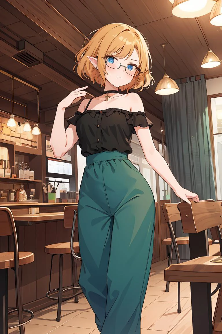 (masterpiece, best quality),female golden age, elegant, east asian, blue eyes, curled ears, underbite jaw, , emerald green layered haircut hair, anger wearing cropped wide-leg pants, chemise, ballet flats, , leg cross, crossing one leg over the other, evoking a sense of elegance and intrigue, evening party lighting, a mix of warm and colorful lights, perfect for lively and romantic party scenes, a friendly neighborhood café, with cozy seating, friendly staff, and the aroma of freshly brewed coffee, (masterpiece, best quality), 1girl, messy hair, choker, black silk pajamas, see-through, glasses,