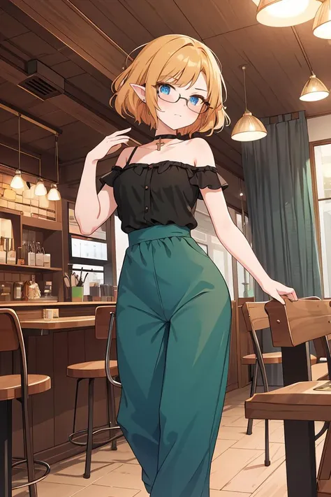 (masterpiece, best quality),female golden age, elegant, east asian, blue eyes, curled ears, underbite jaw, , emerald green layered haircut hair, anger wearing cropped wide-leg pants, chemise, ballet flats, , leg cross, crossing one leg over the other, evoking a sense of elegance and intrigue, evening party lighting, a mix of warm and colorful lights, perfect for lively and romantic party scenes, a friendly neighborhood café, with cozy seating, friendly staff, and the aroma of freshly brewed coffee, (masterpiece, best quality), 1girl, messy hair, choker, black silk pajamas, see-through, glasses,