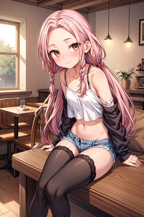 (masterpiece, best quality),female young adult, refined, native hawaiian, light brown eyes, flat nose, chiseled jaw, receding forehead, square face shape with angular jaw, well-toned calf muscles, , lavender dreadlocks hair, affection wearing lace low rise panties, one-shoulder top, boots, , playing with hair, running fingers through hair with a seductive look, creating an intimate and captivating pose, warm lighting, soft golden or amber hues creating a cozy and inviting atmosphere, a friendly neighborhood café, with cozy seating, friendly staff, and the aroma of freshly brewed coffee, (masterpiece, best quality), 1girl, pink hair, crop top, denim shorts, bedroom, striped thighhighs, <lora:add_detail:1>,