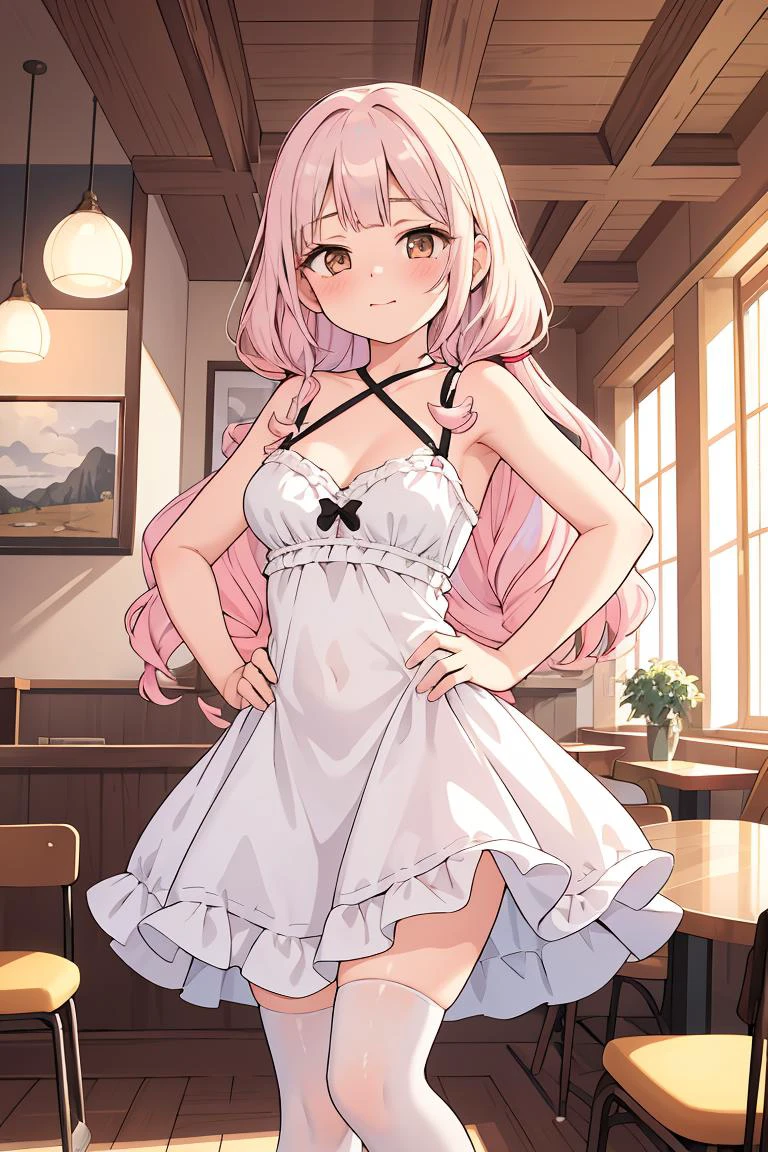 (masterpiece, best quality),female teenager, slim, gypsies, brown eyes,  upturned nose, unique chin,  soft cheeks,   graceful posture,   , silver blonde retro curls hair, laugh wearing triangle bra, scoop-neck top,  , hand on hips, hand confidently placed on the hip, displaying empowerment and allure, warm lighting, soft golden or amber hues creating a cozy and inviting atmosphere, a cheerful café, with the aroma of freshly brewed coffee and friendly conversation, (masterpiece, best quality), 1girl, blue and white frill dress, (white stockings), pink hair, cute face, standing, indoor, intricate detail, sunlight,