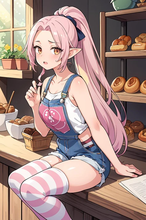 (masterpiece, best quality),female middle-aged, wholesome, berber, golden eyes, curled ears, curved nose, protruding chin, unique jaw, unusual cheeks, sloping forehead, triangle face shape, expressive fingers, , silver blonde high ponytail hair, loneliness wearing cargo overalls, shelf bra, loafers, , leaning back arch, leaning back with an arch, accentuating the body's contours and confidence, dappled lighting, sunlight filtering through leaves, creating a romantic and whimsical atmosphere, a charming bakery, with mouth-watering pastries and the sound of friendly chatter, (masterpiece, best quality), 1girl, pink hair, crop top, denim shorts, bedroom, striped thighhighs,