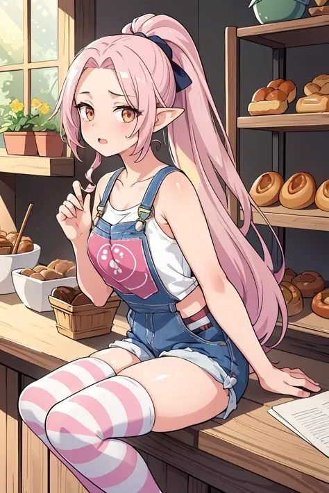 (masterpiece, best quality),female middle-aged, wholesome, berber, golden eyes, curled ears, curved nose, protruding chin, unique jaw, unusual cheeks, sloping forehead, triangle face shape, expressive fingers,   , silver blonde high ponytail hair, loneliness wearing cargo overalls, shelf bra, loafers, , leaning back arch, leaning back with an arch, accentuating the body's contours and confidence, dappled lighting, sunlight filtering through leaves, creating a romantic and whimsical atmosphere, a charming bakery, with mouth-watering pastries and the sound of friendly chatter, (masterpiece, best quality), 1girl, pink hair, crop top, denim shorts, bedroom, striped thighhighs,
