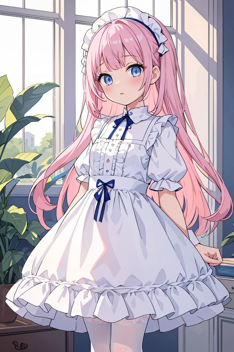 (masterpiece, best quality), 1girl, blue and white frill dress, (white stockings), pink hair, cute face, standing, indoor, intricate detail, sunlight,