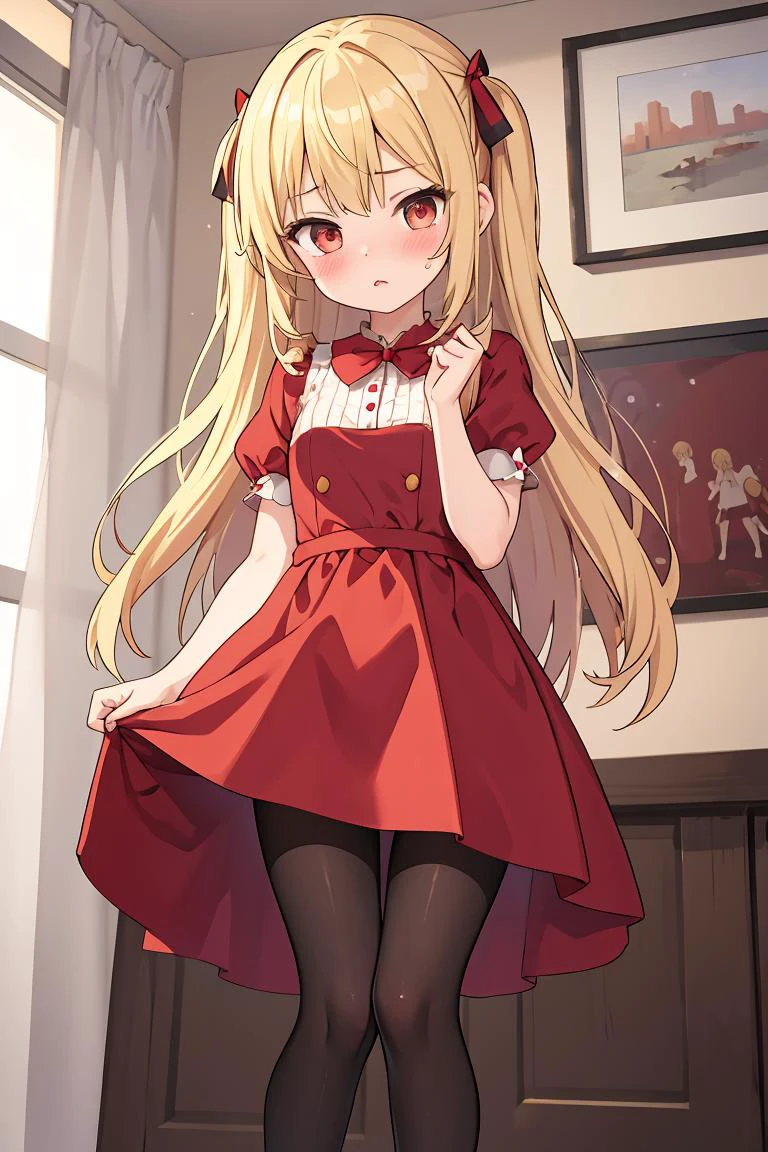 (masterpiece, best quality), 1girl, blonde hair, red dress, pantyhose, cute face, blush,
