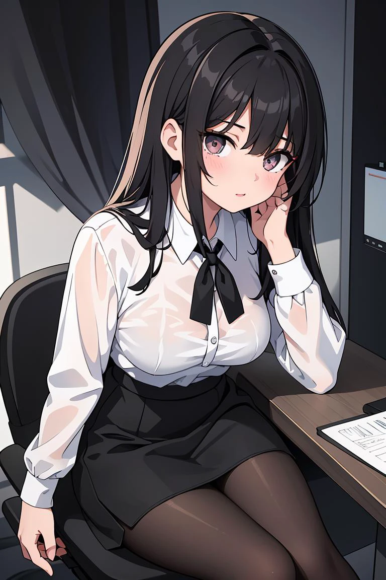 (masterpiece, best quality), a young black haired girl office secretary dressed in a transparent white blouse and black office skirt and black pantyhose ,sitting in an office chair, holding pencil, (detailed skin:1.3),(detailed eyes), (sharp focus),