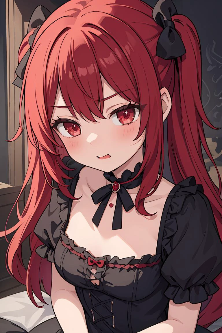(masterpiece, best quality), 1girl, red hair, medium chest, gothic frill dress, pervert face,