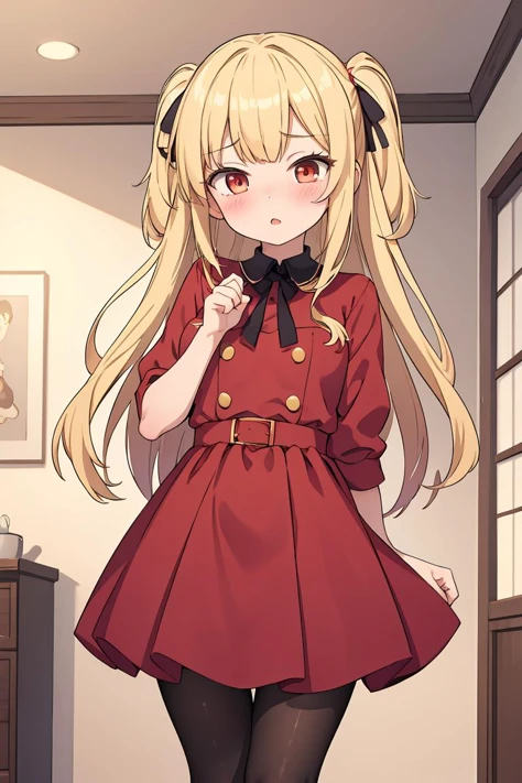 (masterpiece, best quality), 1girl, blonde hair, red dress, pantyhose, cute face, blush,