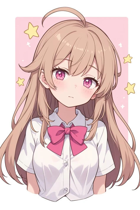 1girl,solo,light brown hair,long hair,ahoge,pink eyes,half-closed eyes,small breasts,head tilt,comforting,fleur_de_lapin_uniform,tied_shirt,shooting star,cropped torso,