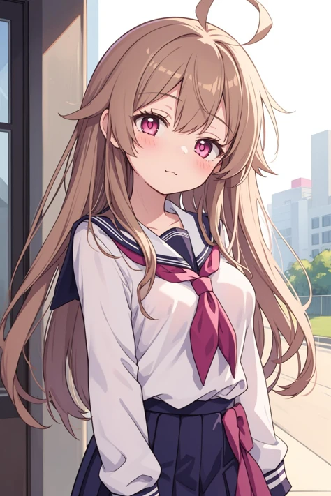 1girl,solo,light brown hair,long hair,ahoge,pink eyes,half-closed eyes,small breasts,head tilt,balancing,kita_high_school_uniform,oversized_clothes,park,from outside,