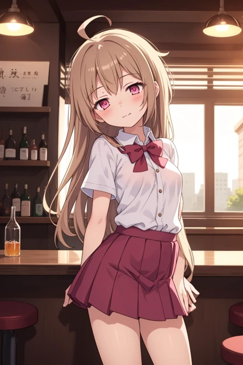 1girl,solo,light brown hair,long hair,ahoge,pink eyes,half-closed eyes,small breasts,head tilt,balancing,hikarizaka_private_high_school_uniform,reverse_outfit,in a bar,backlighting,