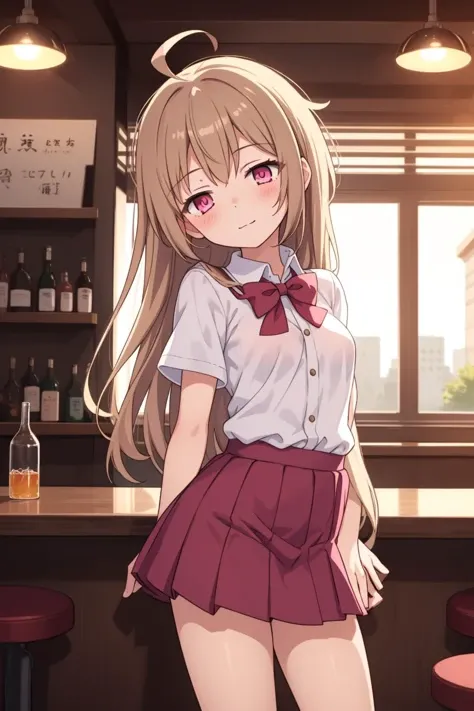 1girl,solo,light brown hair,long hair,ahoge,pink eyes,half-closed eyes,small breasts,head tilt,balancing,hikarizaka_private_high_school_uniform,reverse_outfit,in a bar,backlighting,
