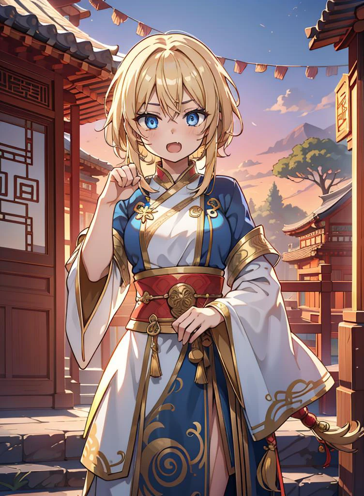 anime,pov,8k,cg,((masterpiece, best quality, high resolution)),(((best quality))),((ultra-detailed)),beautiful detailed eyes,finely detail,cg,RedFace,(shy,cute),
cosmetics,cowboy shot,twisting pose,Bending,outdoors,park,tree,slander,16 yo,
1girl,open mouth,teeth,fang,blue eyes,gold hair,blonde hair,short hair with long locks,
<lora:ColorInAndOut_saturation:-0.5>,<lora:chineseDress_nihong-000014:0.5>,chineseDress,
