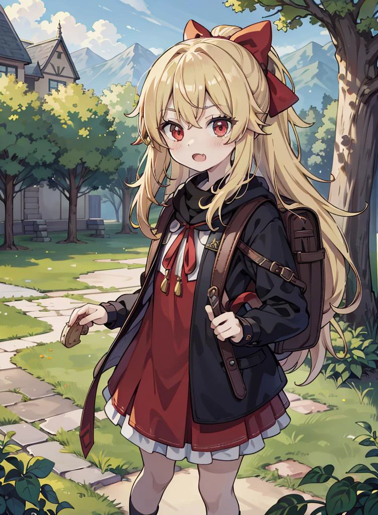 anime,pov,8k,cg,((masterpiece, best quality, high resolution)),(((best quality))),((ultra-detailed)),beautiful detailed eyes,finely detail,cg,RedFace,(shy,cute),
cosmetics,full body,twisting pose,Bending,outdoors,park,tree,slander,16 yo,
1girl,open mouth,teeth,fang,red eyes,gold hair,blonde hair,
<lora:ColorInAndOut_saturation:-0.5>,<lora:adventurers_v1:0.7>,adventurers,fantasy,(big backpack),rune temple,ribbon,