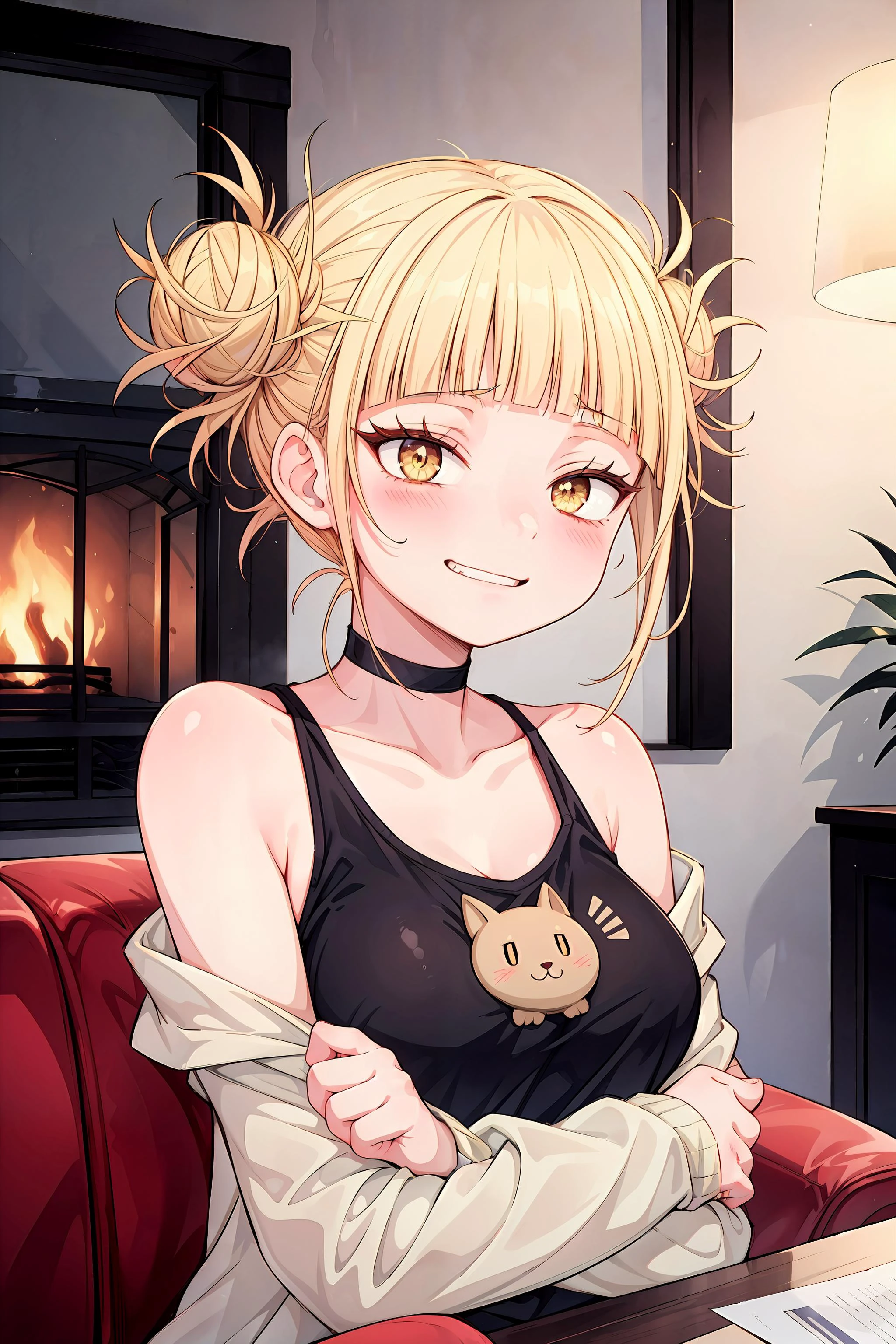 masterpiece, best quality, 1girl, shiny skin, toga himiko, boku no hero academia, blonde hair, double bun, yellow eyes, looking at viewer, blush, evil smile, casual, exposed shoulder, choker, black baggy shirt, leggings, indoors, comfy, couch, fireplace, soft indoor lighting, shadows, upper body, <lora:add_detail:0.5>,<lora:TogaHimiko-000009:0.7>