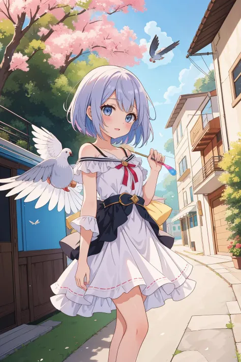 1girl, (by Clifford Coffin:0.8) , fashion art, studio Chalk painting, surreal, eye-level shot of a Anime [Winged:Enthralling:17] ([Pigeon|Camper] of Guilt:1.3) , Marigold background, lush city street with Magnolia tree, at Dawn, Sharp and in focus, Sketched, Manic, Princesscore, spotlit, pinhole lens, Dark hue, Paint splotches, Vitrail, extremely detailed CG Unity 8k wallpaper, Unsplash, manga