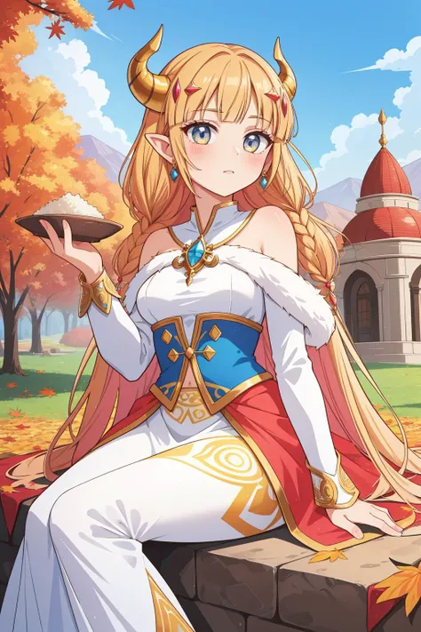 A beautiful elf princess with long braided blonde hair, elf ears, blue eyes, thin lips, round face, medium breasts, wearing a torn red tunic, eating a very large piece of boar meat, sitting on a rock, in the forest setting , expressive and funny scene (SFW)