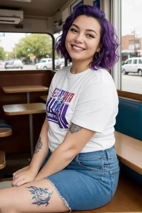 (best quality, masterpiece, high detail:1.2), street photography photo of a young woman with purple hair, smile, happy, cute t-shirt, tattoos on her arms, sitting in a 50s diner,
plump
mature female, thick arms, <lora:plump-strong:1>