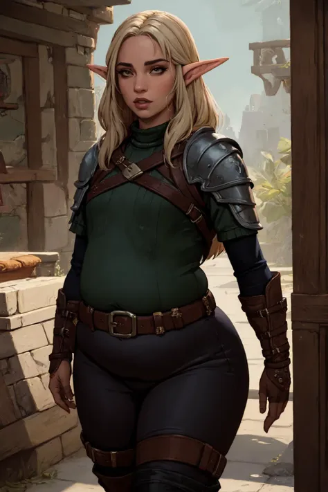 (plump:1.2), flat chest, small breasts, (best quality, masterpiece, high detail:1.2), woman, wotc, dnd, elven rogue, leather_armor, dagger, <lora:plump-strong:0.8>, belts