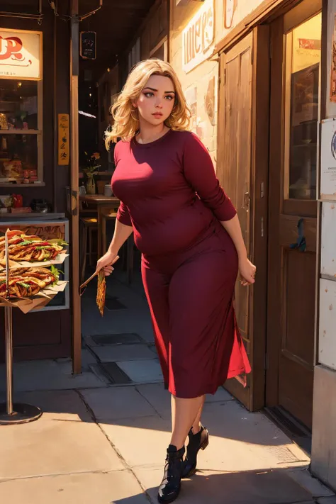 looking at viewer, full body, 1girl, portrait of a blonde chubby woman eating kebab, light stubble with red shirt ,digital art,photorealistoc,art by greg rutkowski,hyperdetailed,western comic style,comic,comic style,sharp lineart,professional lighting,deviantart,artstation,trevor henderson,rossdtaws,cinematic,dramatic, (best quality, masterpiece, [insanely detailed], intricate:1.2), absurdres, [ultra detailed], [sharp focus], [high definition], pretty face, nose, lips, beautiful eyes, mature female, thick arms, <lora:plump-strong:1>