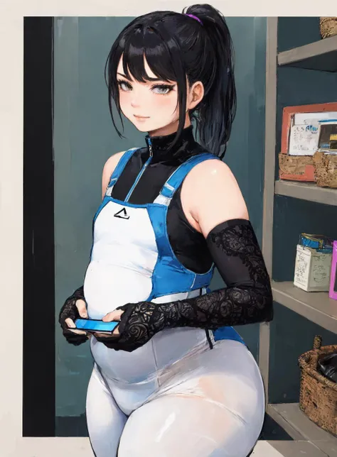 1girl, tight cloth bodysuit, (looking at smartphone:1.2), high ponytail, black hair, too important, smug, flat_chest, fat, (best quality, masterpiece, [insanely detailed], intricate:1.2), absurdres, [ultra detailed], [sharp focus], [high definition], mature female, thick arms, <lora:plump-strong:1>