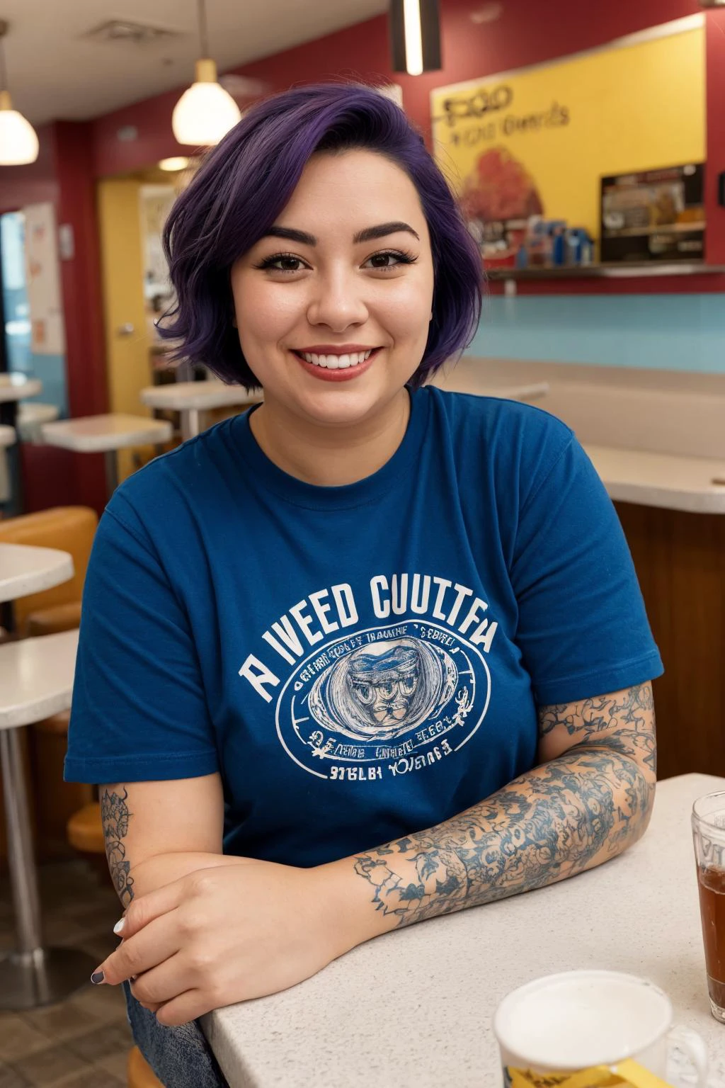 (best quality, masterpiece, high detail:1.2), street photography photo of a young woman with purple hair, smile, happy, cute t-shirt, tattoos on her arms, sitting in a 50s diner
mature female, thick arms, <lora:plump-strong:1>