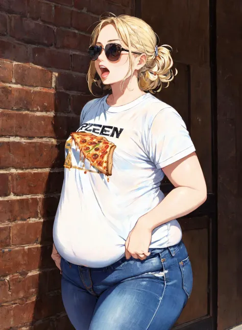 open mouth, 1girl, eating pizza, pretty top, detailed shirt, tight jeans, sunglasses, blonde hair, flat_chest, plump, (sexual energy:1.2), shirt lift <lora:add_detail:0.8>, (best quality, masterpiece, [insanely detailed], intricate:1.2), absurdres, [ultra detailed], [sharp focus], [high definition], mature female, thick arms, <lora:plump-strong:1>