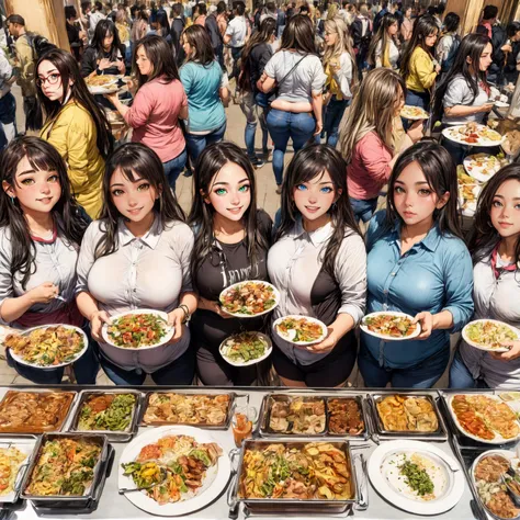 (sexy:1.4), crowd of women at a buffet, (fat:1.1), (stuffed:1.1), (plump:1.4), plates, food, (flat_chest), hungry, eating, pushing, shoving, love_handles, tight clothes, [looking at viewer], from_above, beautiful eyes, grinning, <lora:add_detail:1>, (best quality, masterpiece, [insanely detailed], intricate:1.2), absurdres, [ultra detailed], [sharp focus], [high definition], mature female, thick arms, <lora:plump-strong:1>