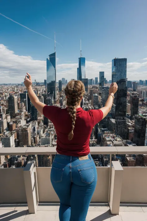 (best quality, masterpiece, high detail:1.2), 1girl, from behind, extremely tight jeans, braid, red shirt, looking back, smiling,
cityscape, sky, buildings, standing on a skyscraper,
HDR, dramatic composition, editorial, award winning,
mature female, thick arms, <lora:plump-strong:1>