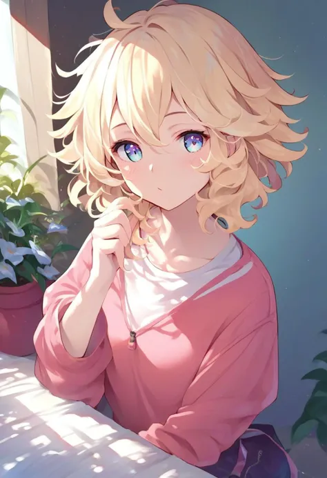 Girl's disheveled loungewear,((sleepy face rubs your eyes,girl's room,sit flat on bed,good morning,close up of face,messy short hair,gold and green and blue and purple