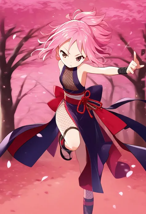 <lora:Ninja_girl_kunoichi_for_Pony:1> ninja, anime style,sexy, under a sakura tree, fishnets, sideboob, action pose <lora:Matanonki_Style_for_Pony:1> matanonki_style, score_9, score_8_up, score_7_up, score_6_up, score_5_up, score_4_up, hd, (ultra hd quality details), 8K, 1girl, Choppy layers, small boobs, flat chest, Stocky body, hazel eyes, Hot pink hair, source_anime, Illustration, official artwork, anime style, wallpaper, official art
